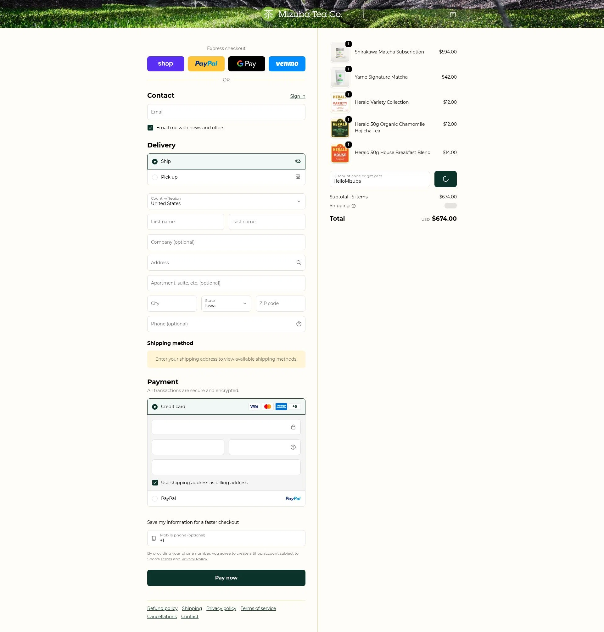 Mizuba Tea checkout page showing Mizuba Tea discount code box | Screenshot taken by SimplyCodes community member on Jan 17, 2026