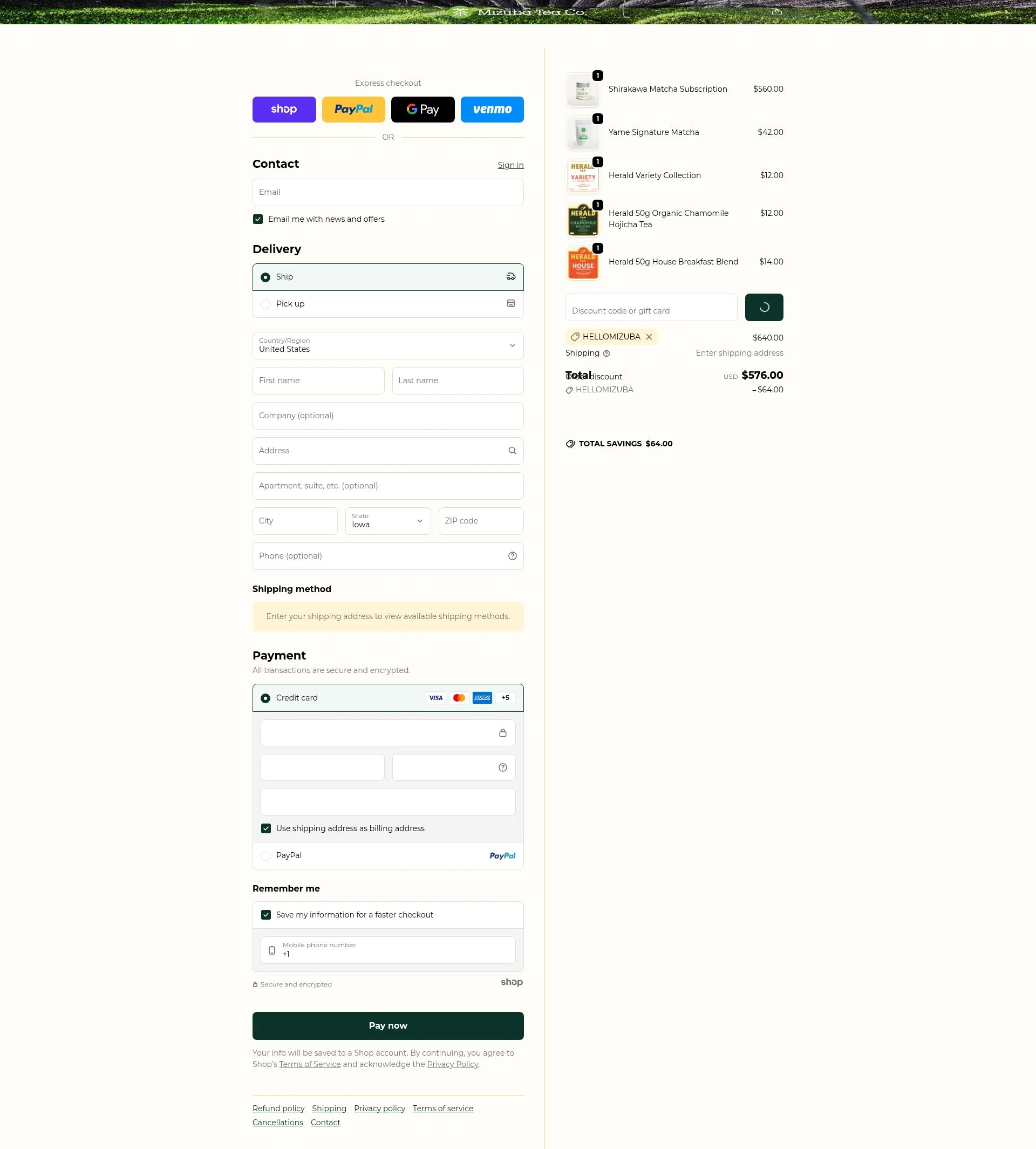 Mizuba Tea checkout page showing Mizuba Tea discount code box | Screenshot taken by SimplyCodes community member on Jan 26, 2026