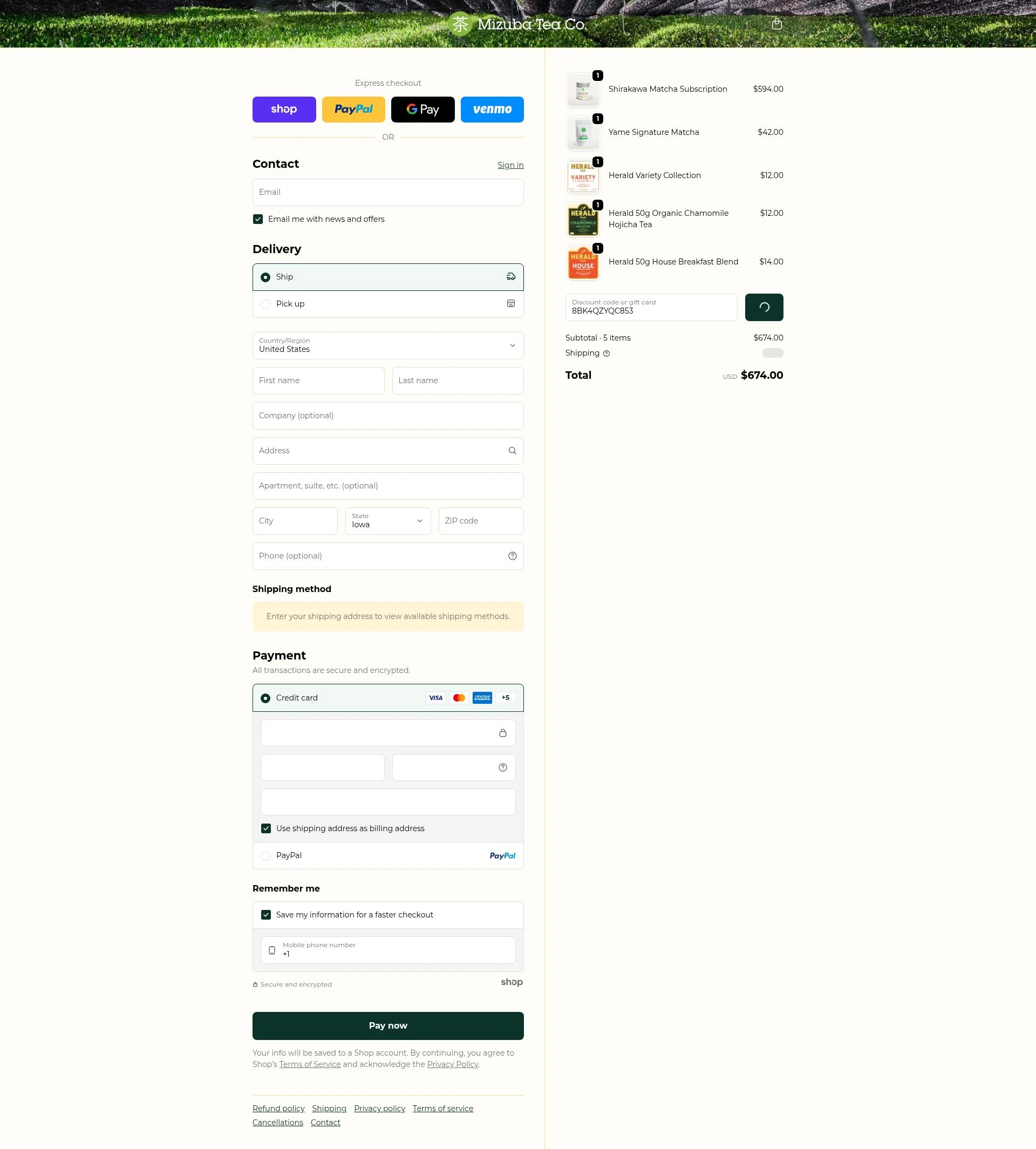 Mizuba Tea checkout page showing Mizuba Tea discount code box | Screenshot taken by SimplyCodes community member on Jan 22, 2026