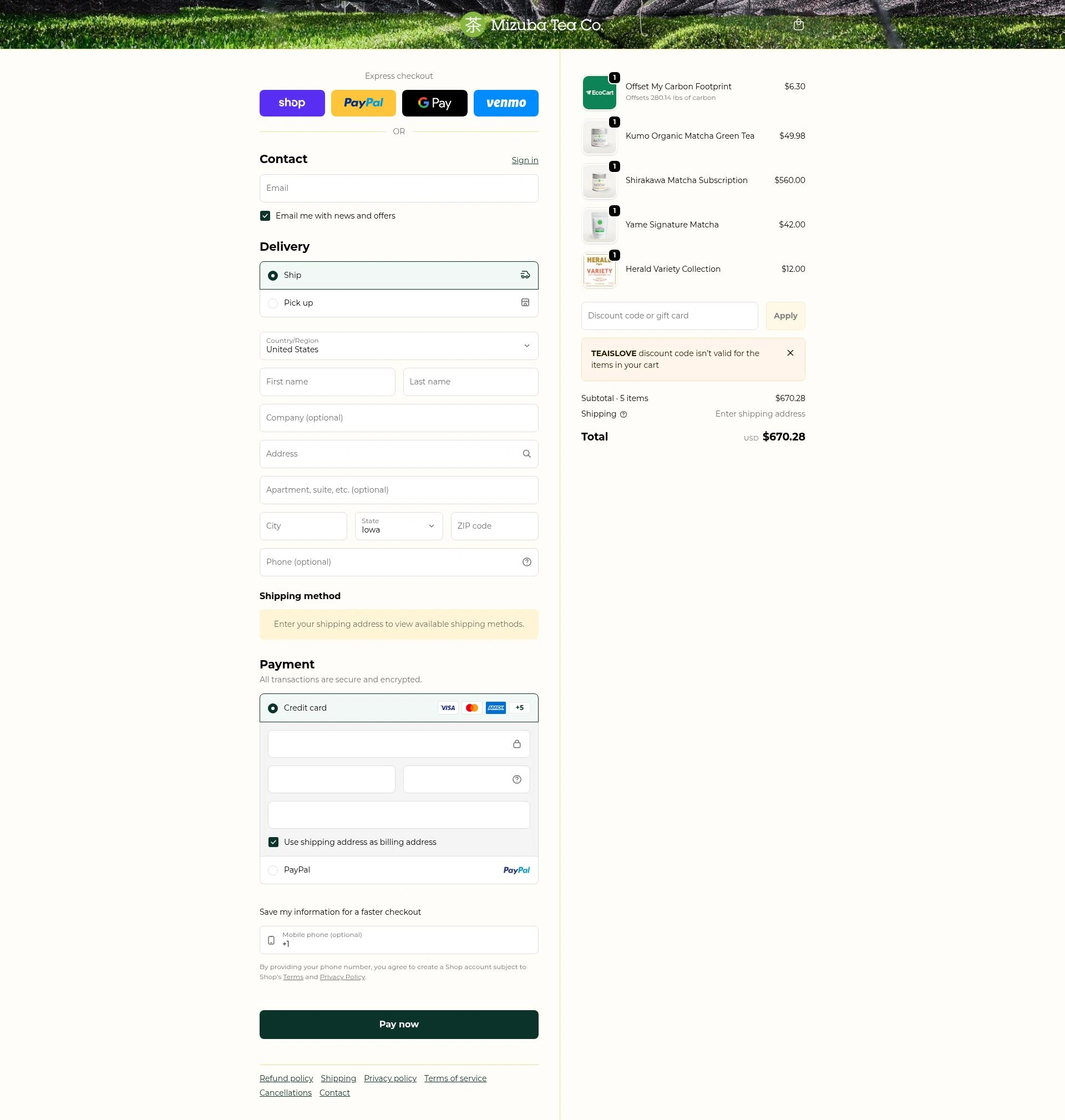 Mizuba Tea checkout page showing Mizuba Tea discount code box | Screenshot taken by SimplyCodes community member on Feb 4, 2026