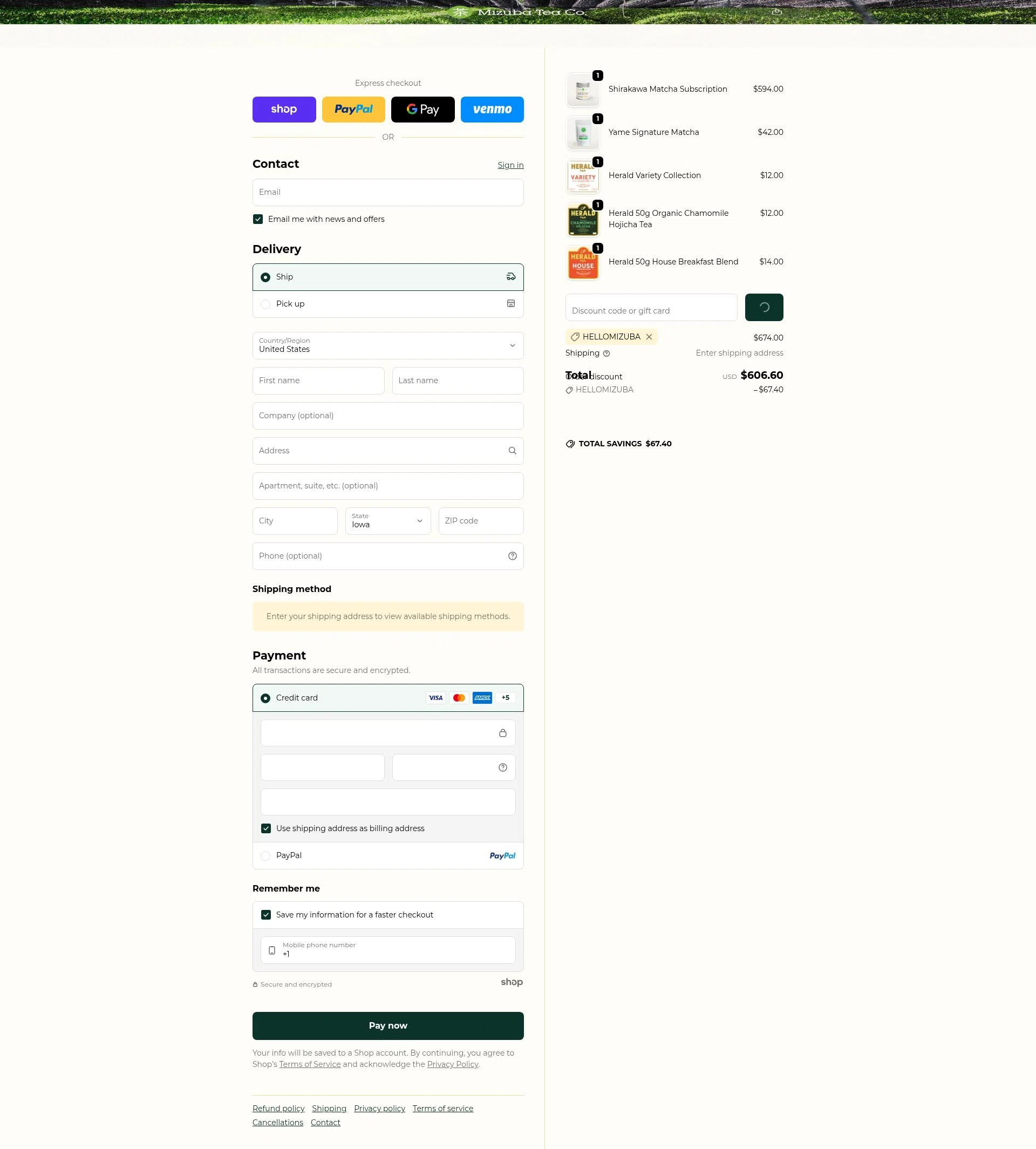 Mizuba Tea checkout page showing Mizuba Tea discount code box | Screenshot taken by SimplyCodes community member on Jan 22, 2026