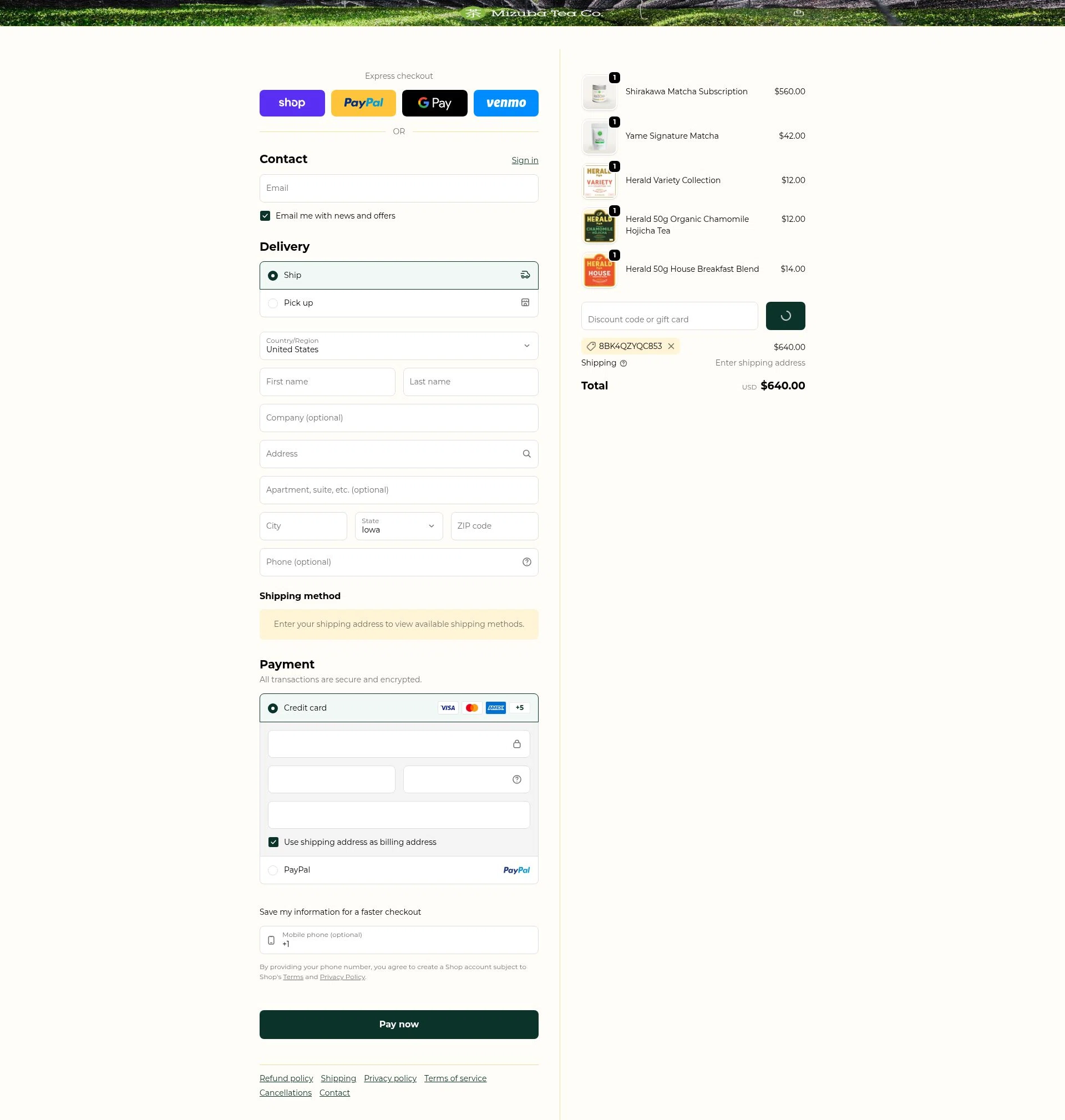 Mizuba Tea checkout page showing Mizuba Tea discount code box | Screenshot taken by SimplyCodes community member on Jan 31, 2026