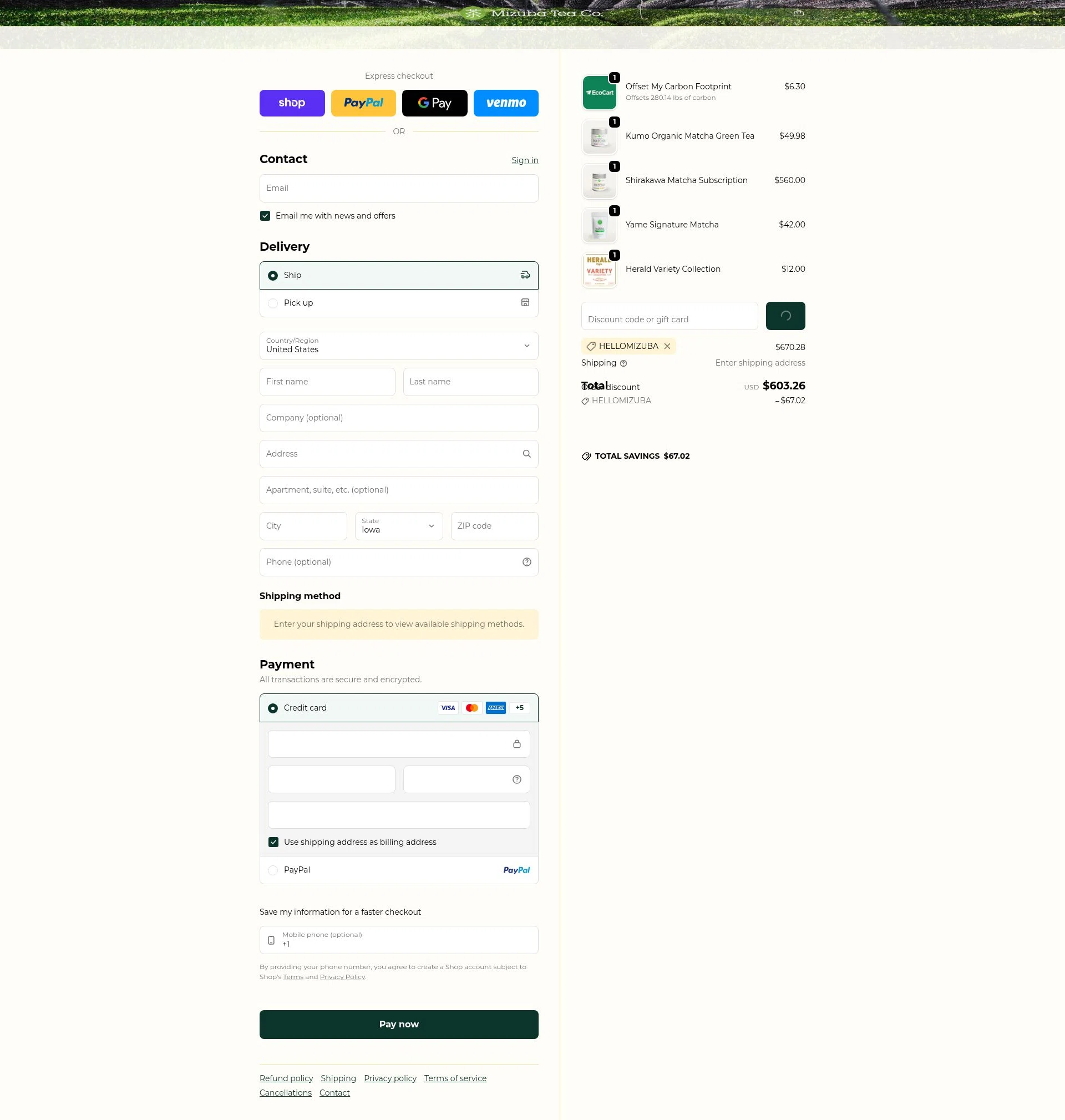 Mizuba Tea checkout page showing Mizuba Tea discount code box | Screenshot taken by SimplyCodes community member on Feb 4, 2026