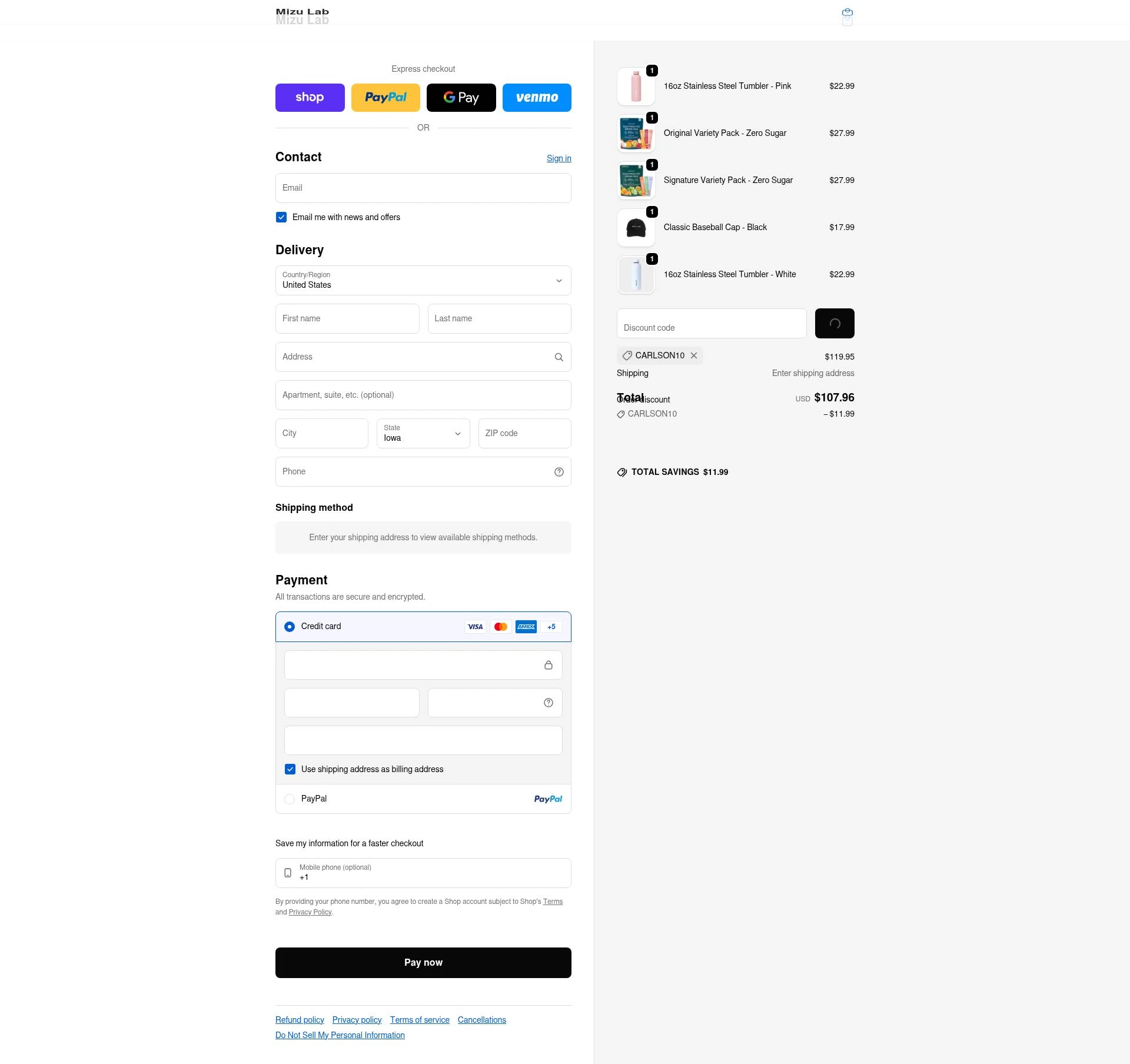 Mizu Lab checkout page showing Mizu Lab discount code box | Screenshot taken by SimplyCodes community member on Feb 9, 2026