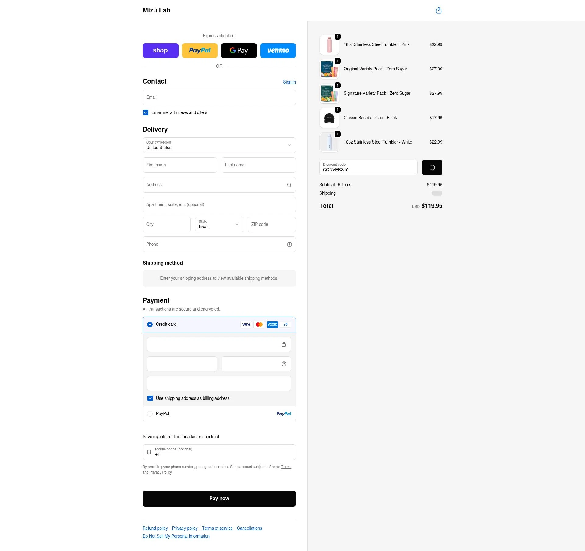 Mizu Lab checkout page showing Mizu Lab discount code box | Screenshot taken by SimplyCodes community member on Feb 9, 2026