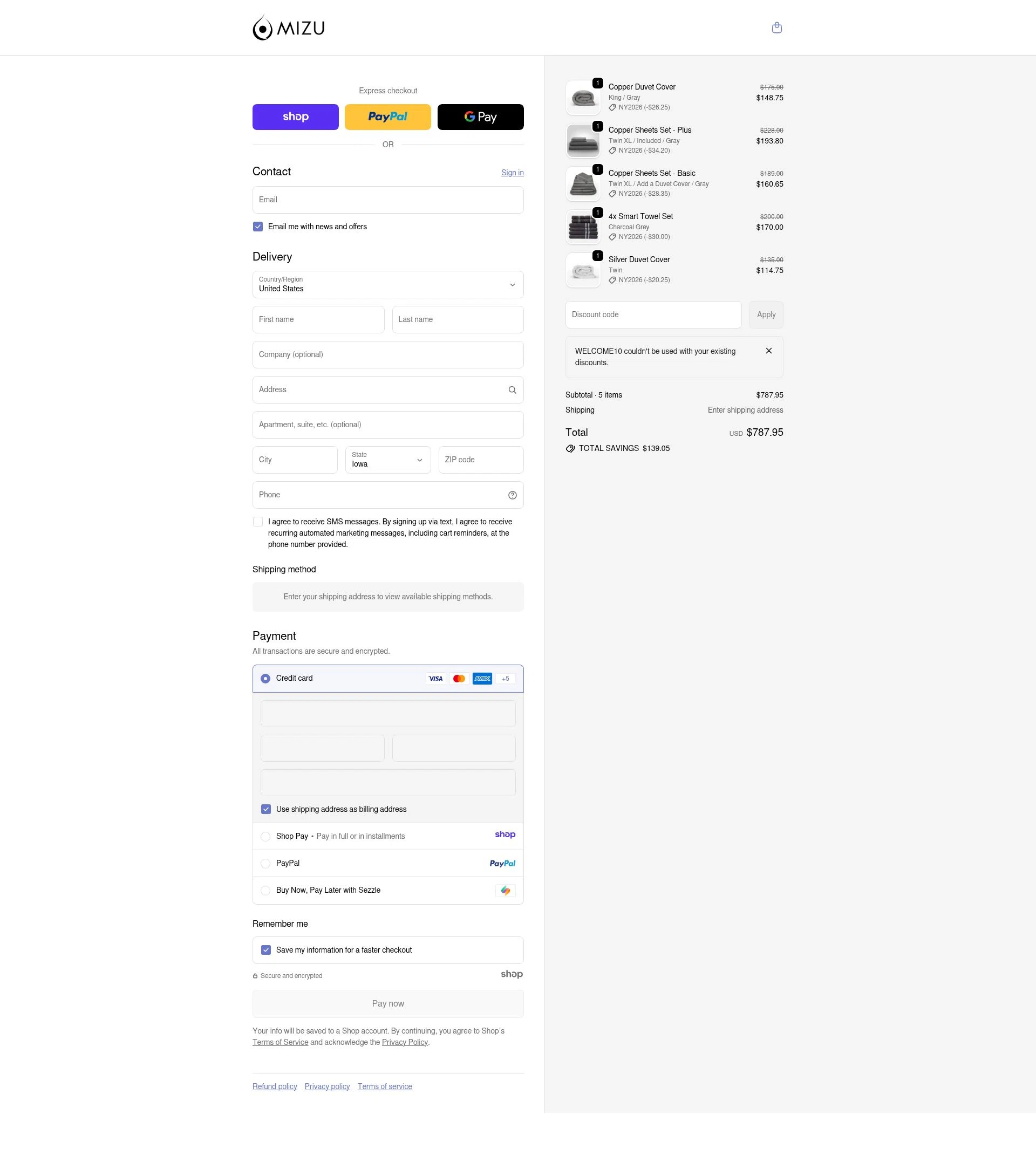 Mizu Towel checkout page showing Mizu Towel discount code box | Screenshot taken by SimplyCodes community member on Jan 2, 2026