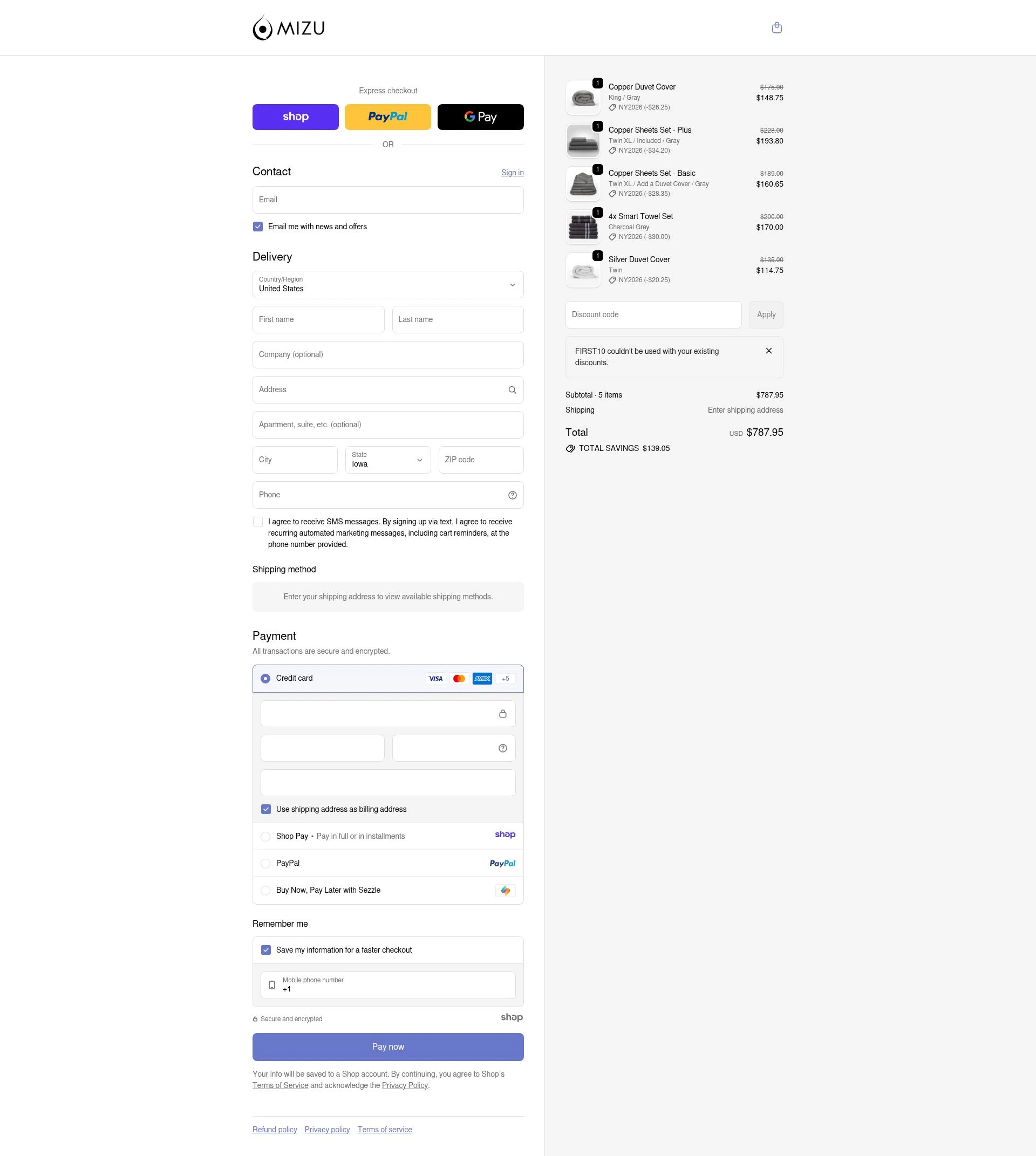 Mizu Towel checkout page showing Mizu Towel discount code box | Screenshot taken by SimplyCodes community member on Jan 2, 2026