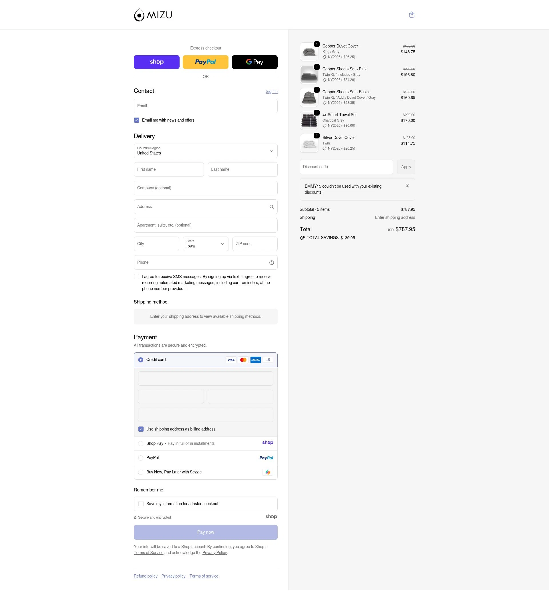 Mizu Towel checkout page showing Mizu Towel discount code box | Screenshot taken by SimplyCodes community member on Jan 2, 2026