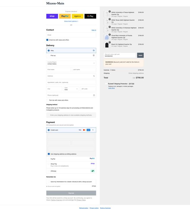 Mizzen + Main checkout page showing Mizzen + Main discount code box | Screenshot taken by SimplyCodes community member on Sep 14, 2025