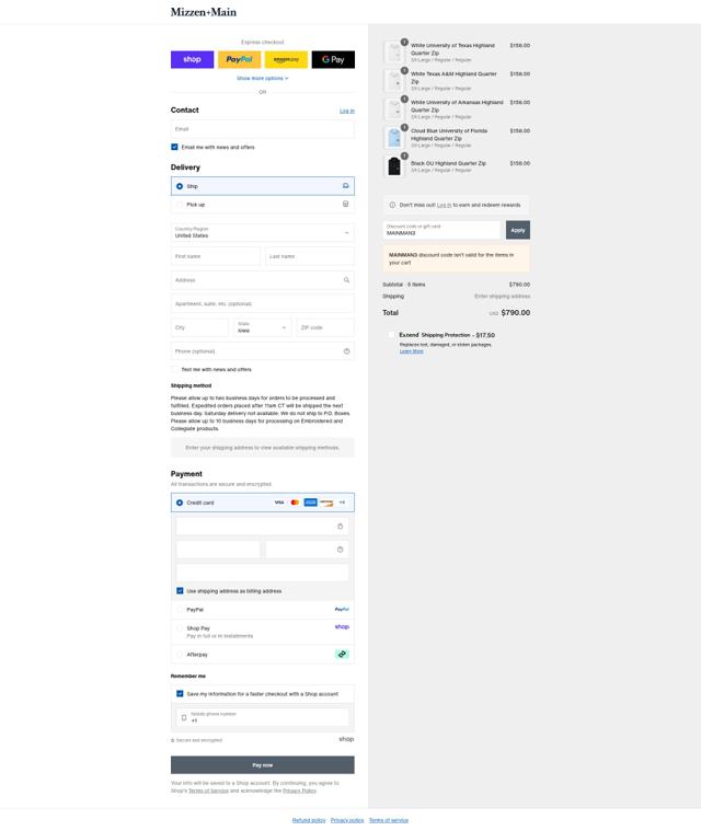 Mizzen + Main checkout page showing Mizzen + Main discount code box | Screenshot taken by SimplyCodes community member on Sep 2, 2025