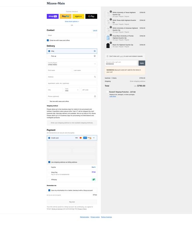 Mizzen + Main checkout page showing Mizzen + Main discount code box | Screenshot taken by SimplyCodes community member on Aug 24, 2025