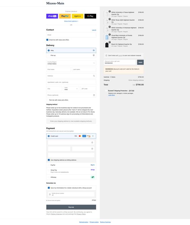 Mizzen + Main checkout page showing Mizzen + Main discount code box | Screenshot taken by SimplyCodes community member on Aug 20, 2025