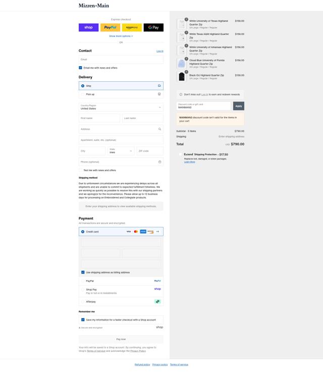 Mizzen + Main checkout page showing Mizzen + Main discount code box | Screenshot taken by SimplyCodes community member on Sep 6, 2025
