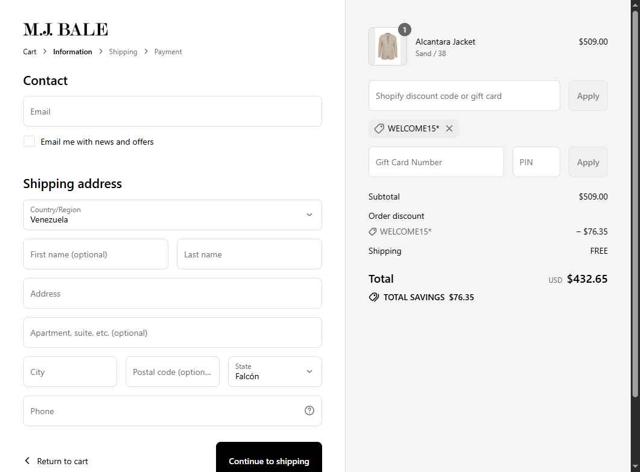 M.J. Bale checkout page showing M.J. Bale discount code box | Screenshot taken by SimplyCodes community member on Aug 22, 2025