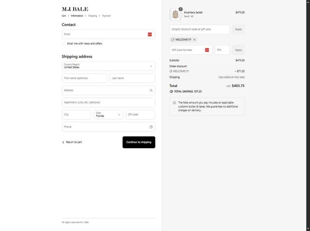 M.J. Bale checkout page showing M.J. Bale discount code box | Screenshot taken by SimplyCodes community member on Aug 24, 2025