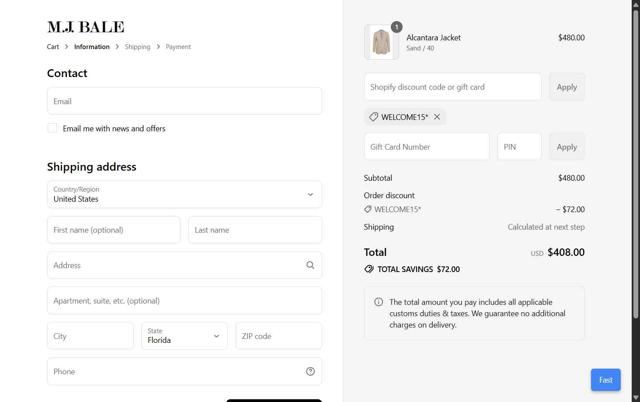 M.J. Bale checkout page showing M.J. Bale discount code box | Screenshot taken by SimplyCodes community member on Sep 9, 2025