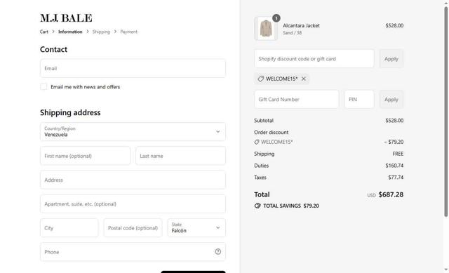 M.J. Bale checkout page showing M.J. Bale discount code box | Screenshot taken by SimplyCodes community member on Sep 12, 2025
