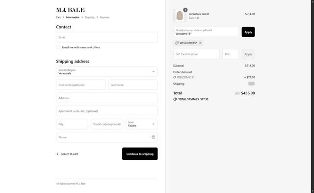 M.J. Bale checkout page showing M.J. Bale discount code box | Screenshot taken by SimplyCodes community member on Aug 26, 2025