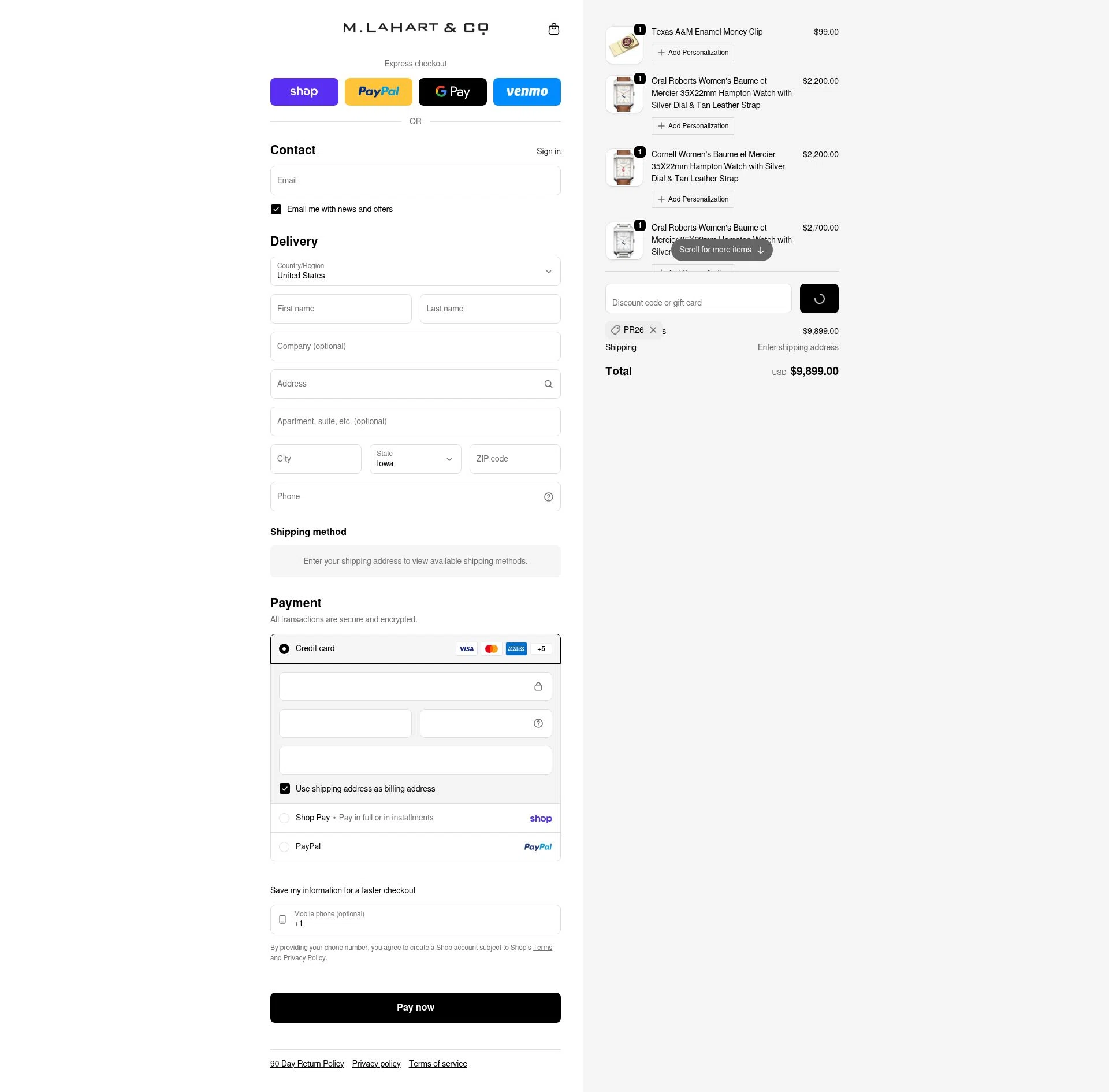 M.LaHart checkout page showing M.LaHart promo code box | Screenshot taken by SimplyCodes community member on Feb 22, 2026