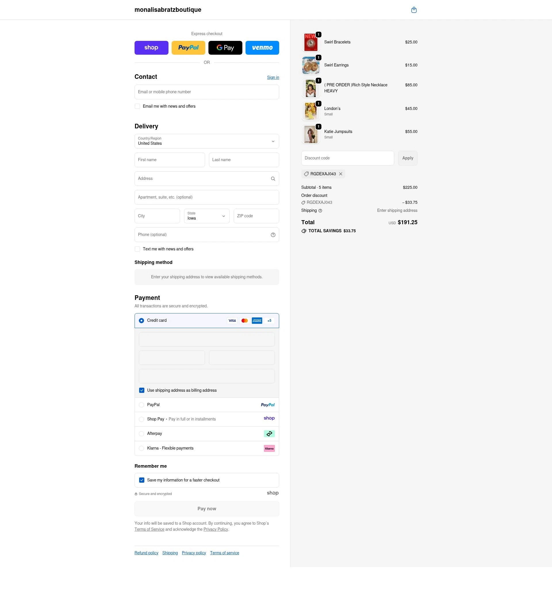Monalisa Bratz Boutique checkout page showing Monalisa Bratz Boutique promo code box | Screenshot taken by SimplyCodes community member on Dec 11, 2025