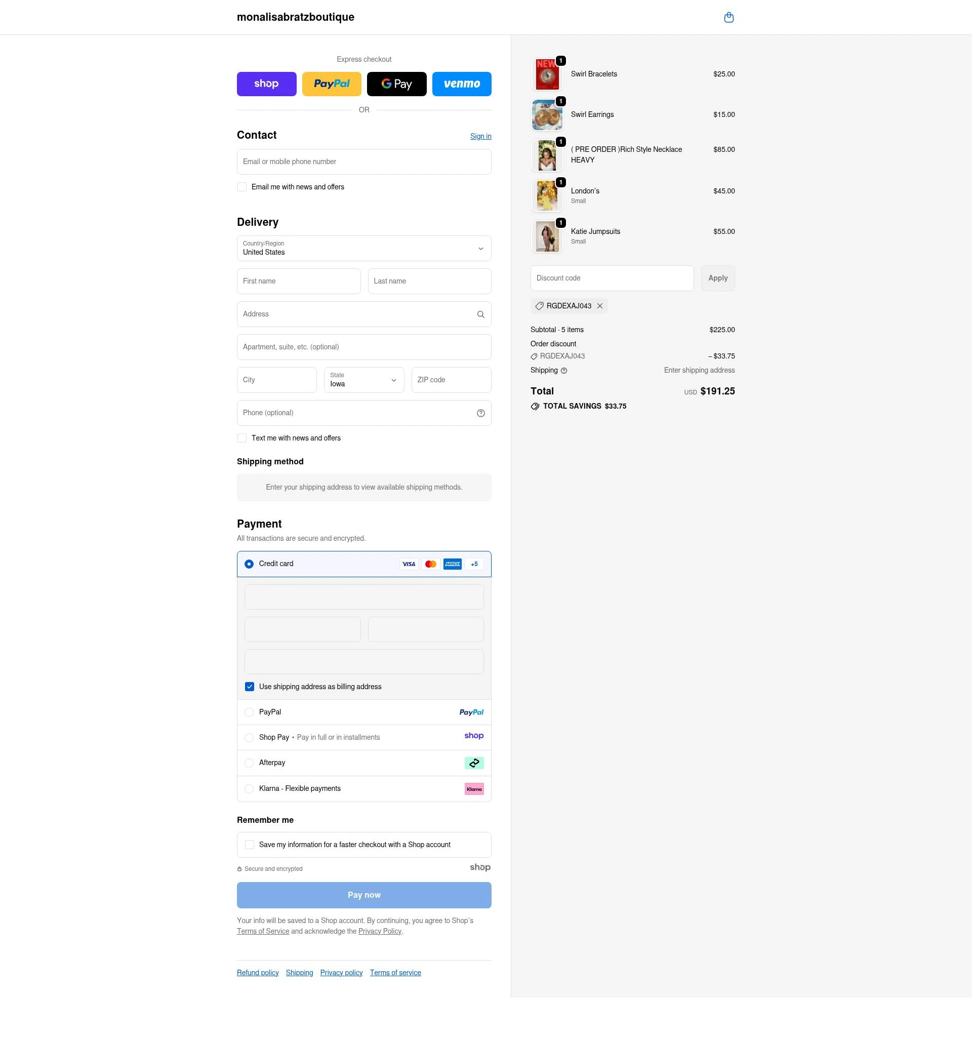 Monalisa Bratz Boutique checkout page showing Monalisa Bratz Boutique promo code box | Screenshot taken by SimplyCodes community member on Nov 4, 2025