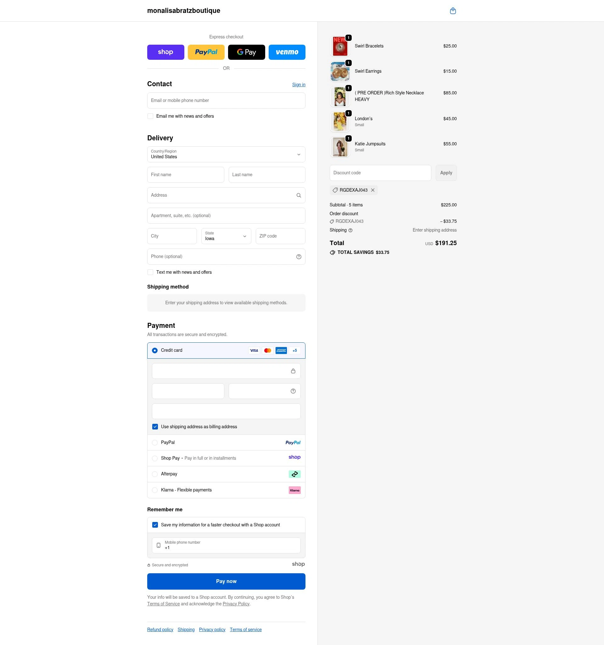 Monalisa Bratz Boutique checkout page showing Monalisa Bratz Boutique promo code box | Screenshot taken by SimplyCodes community member on Nov 25, 2025