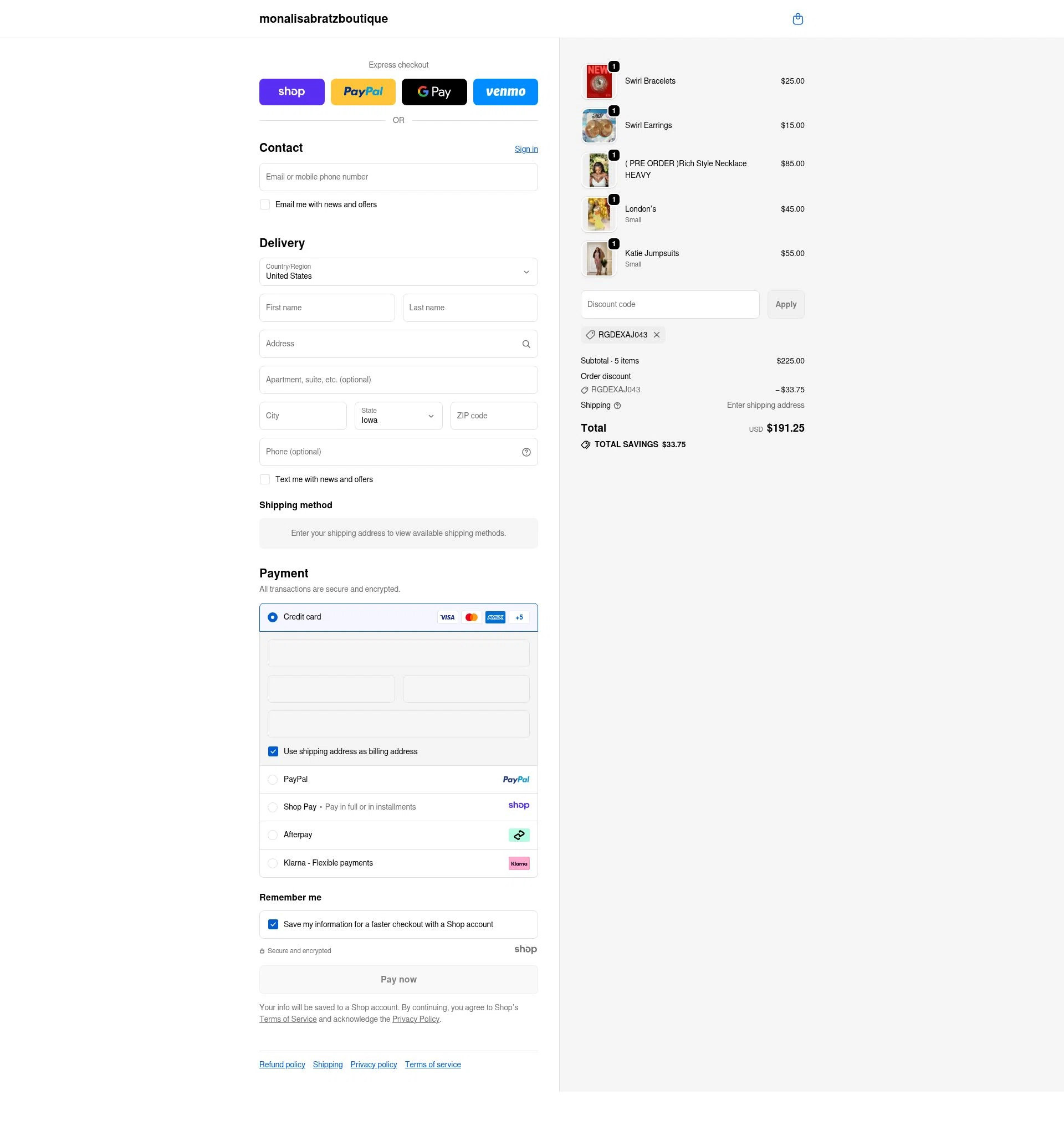 Monalisa Bratz Boutique checkout page showing Monalisa Bratz Boutique promo code box | Screenshot taken by SimplyCodes community member on Nov 30, 2025