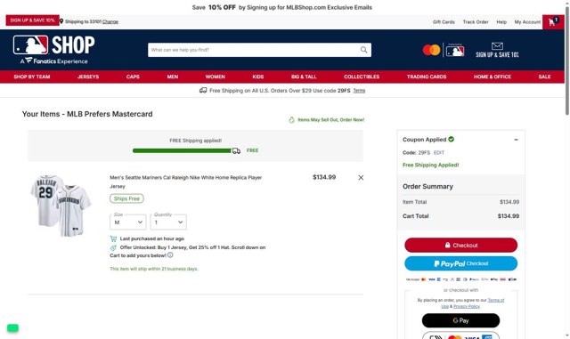MLBshop.com checkout page showing MLBshop.com coupon code box | Screenshot taken by SimplyCodes community member on Aug 28, 2025