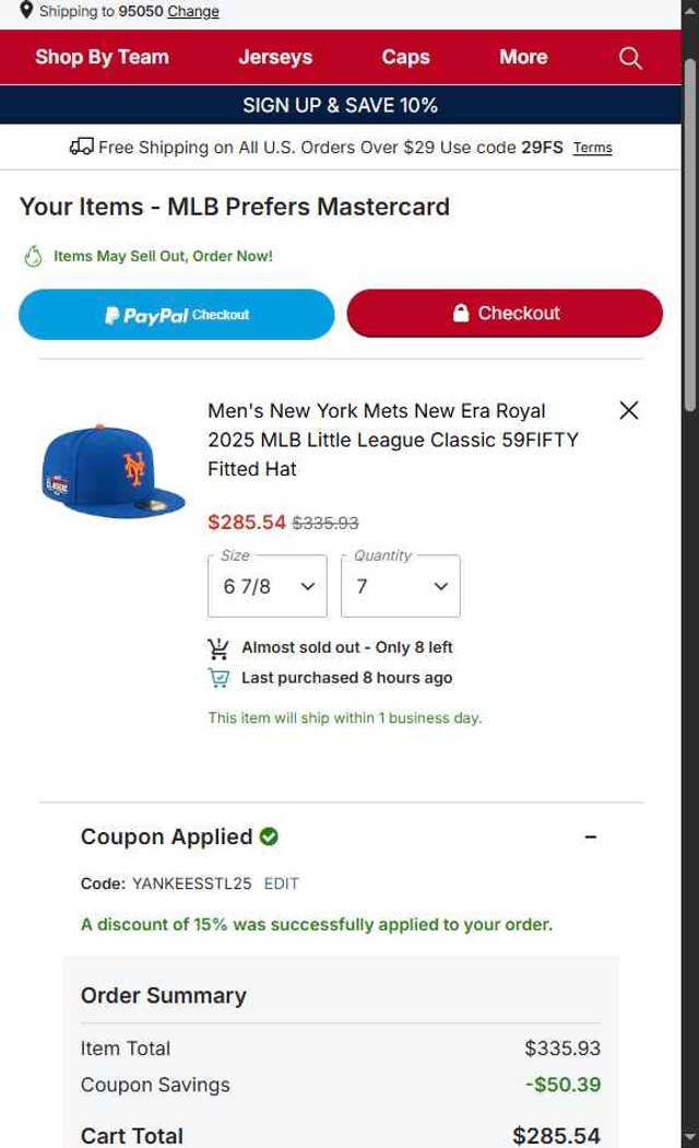 MLBshop.com checkout page showing MLBshop.com coupon code box | Screenshot taken by SimplyCodes community member on Aug 23, 2025