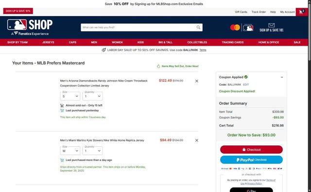MLBshop.com checkout page showing MLBshop.com coupon code box | Screenshot taken by SimplyCodes community member on Aug 29, 2025