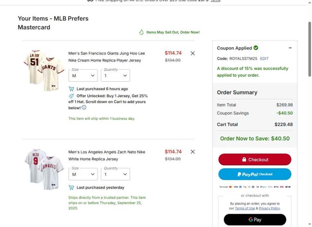 MLBshop.com checkout page showing MLBshop.com coupon code box | Screenshot taken by SimplyCodes community member on Aug 27, 2025