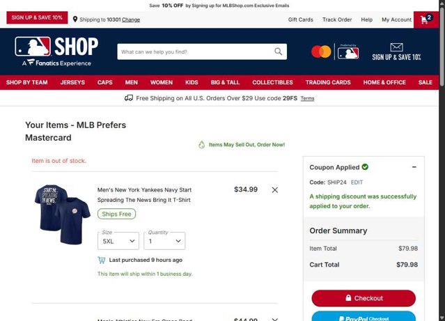 MLBshop.com checkout page showing MLBshop.com coupon code box | Screenshot taken by SimplyCodes community member on Aug 25, 2025