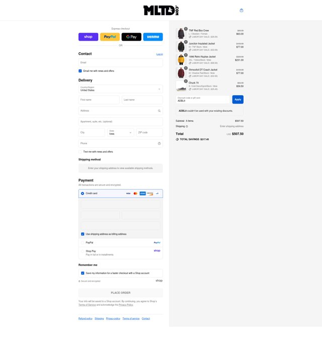 MLTD checkout page showing MLTD coupon code box | Screenshot taken by SimplyCodes community member on Sep 3, 2025