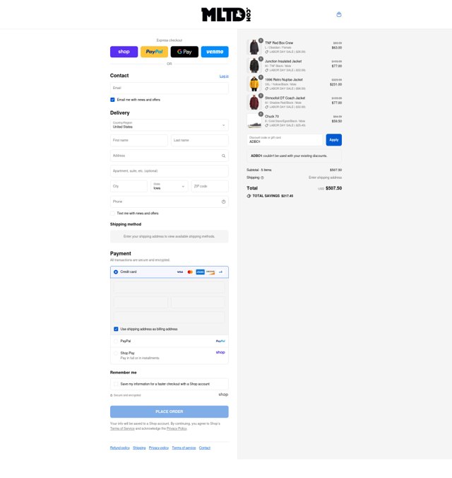 MLTD checkout page showing MLTD coupon code box | Screenshot taken by SimplyCodes community member on Sep 3, 2025