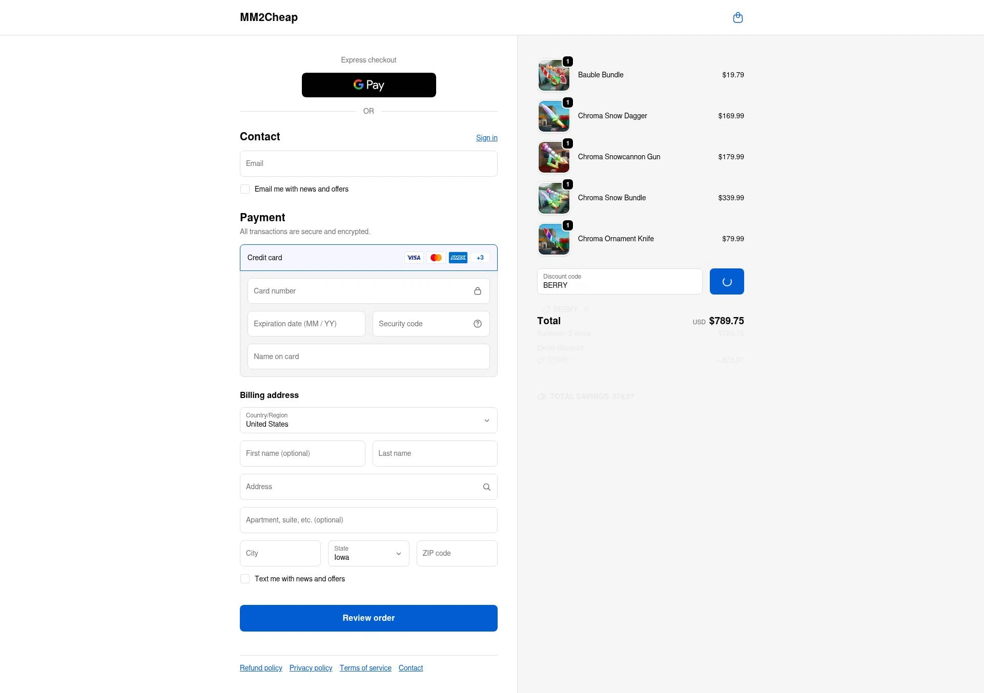 MM2Cheap checkout page showing MM2Cheap promo code box | Screenshot taken by SimplyCodes community member on Feb 13, 2026