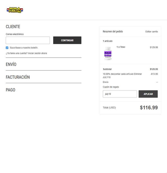 MMA Overload checkout page showing MMA Overload discount code box | Screenshot taken by SimplyCodes community member on Jul 7, 2025