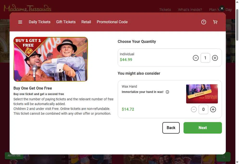 Madame Tussauds Las Vegas checkout page showing Madame Tussauds Las Vegas promo code box | Screenshot taken by SimplyCodes community member on Nov 8, 2025