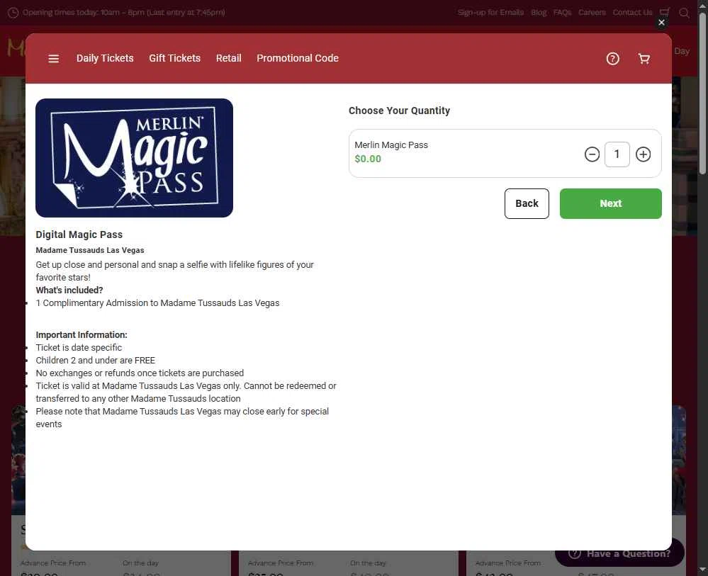 Madame Tussauds Las Vegas checkout page showing Madame Tussauds Las Vegas promo code box | Screenshot taken by SimplyCodes community member on Nov 7, 2025