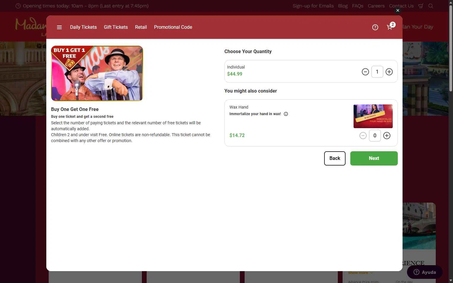 Madame Tussauds Las Vegas checkout page showing Madame Tussauds Las Vegas promo code box | Screenshot taken by SimplyCodes community member on Nov 8, 2025