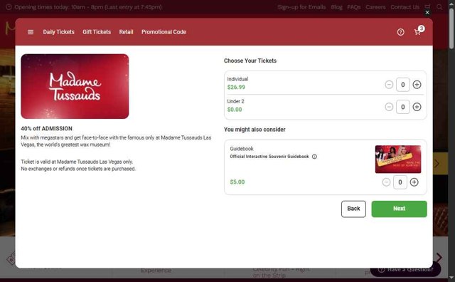Madame Tussauds Las Vegas checkout page showing Madame Tussauds Las Vegas promo code box | Screenshot taken by SimplyCodes community member on Aug 12, 2025