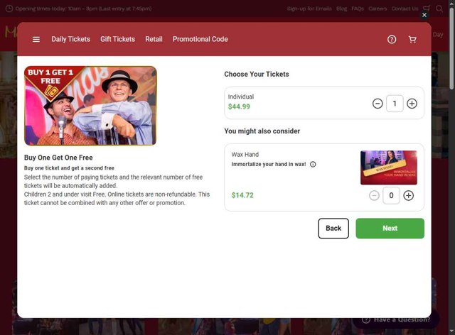 Madame Tussauds Las Vegas checkout page showing Madame Tussauds Las Vegas promo code box | Screenshot taken by SimplyCodes community member on Aug 13, 2025
