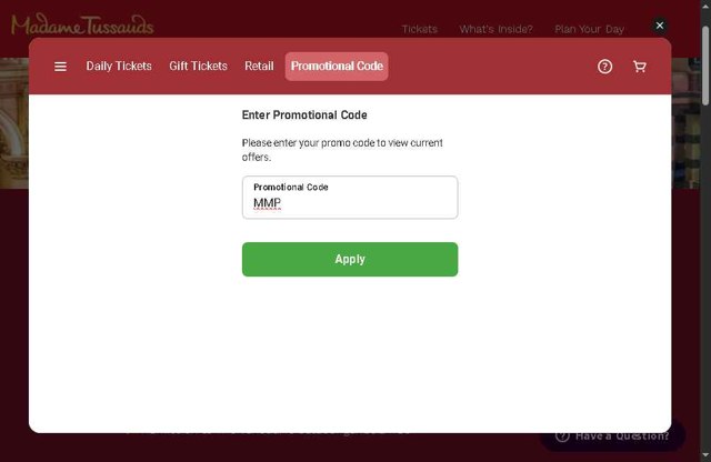 Madame Tussauds Las Vegas checkout page showing Madame Tussauds Las Vegas promo code box | Screenshot taken by SimplyCodes community member on Jul 27, 2025