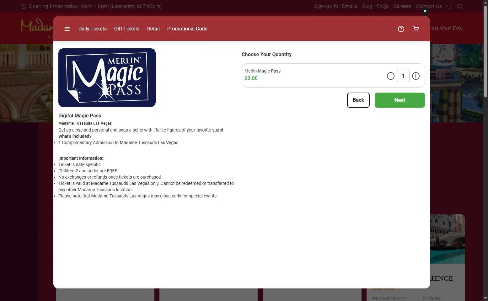 Madame Tussauds Las Vegas checkout page showing Madame Tussauds Las Vegas promo code box | Screenshot taken by SimplyCodes community member on Nov 7, 2025