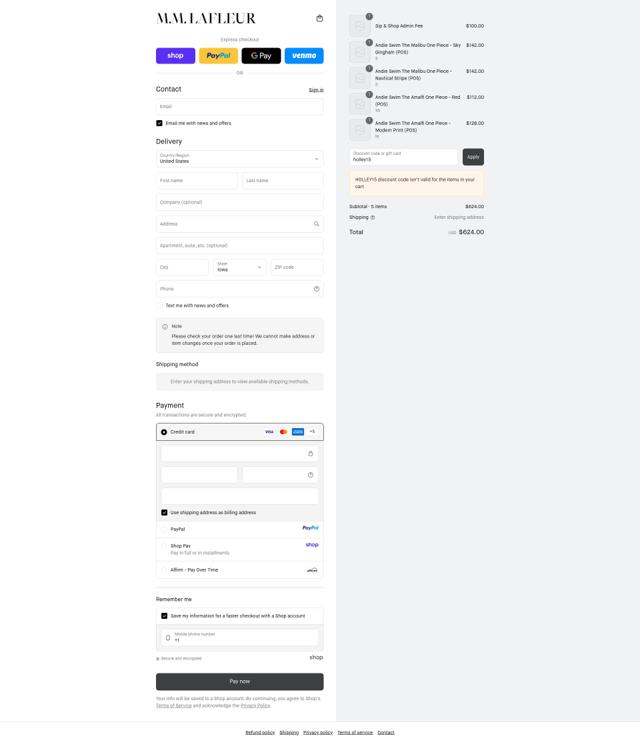 M.M. LaFleur checkout page showing M.M. LaFleur discount code box | Screenshot taken by SimplyCodes community member on Sep 13, 2025