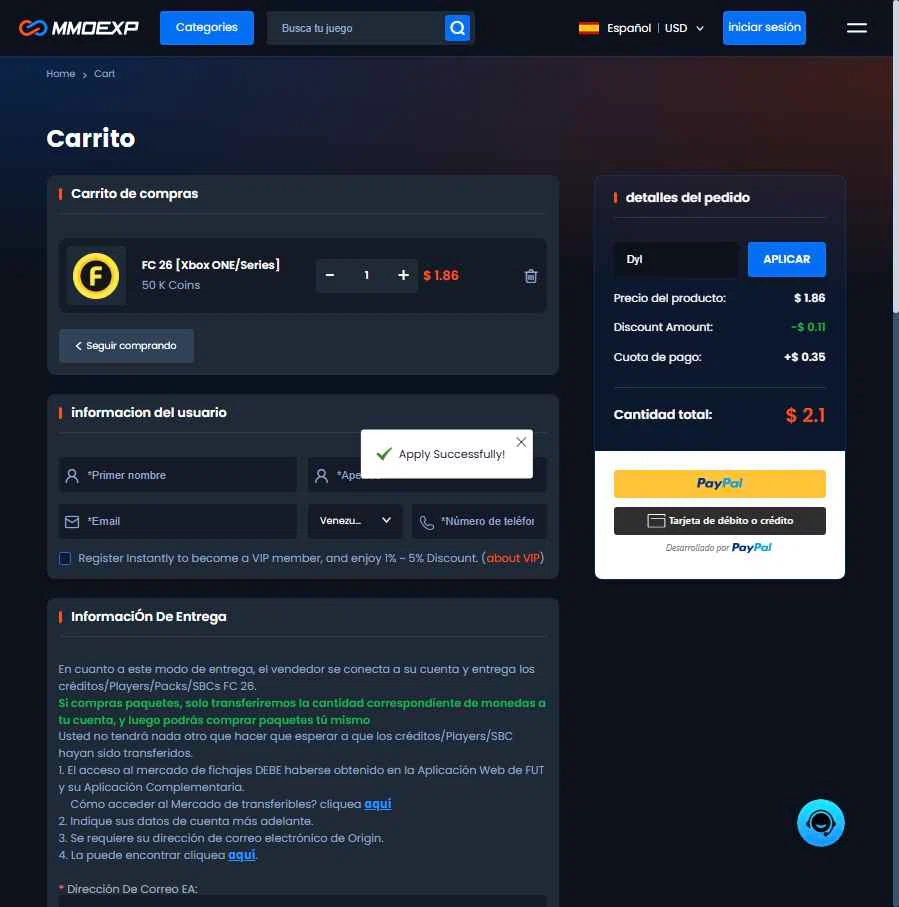 MMOExp checkout page showing MMOExp coupon code box | Screenshot taken by SimplyCodes community member on Jan 20, 2026