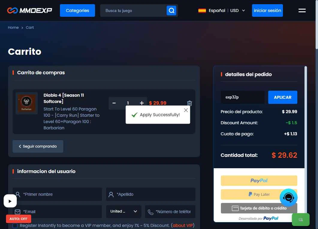 MMOExp checkout page showing MMOExp coupon code box | Screenshot taken by SimplyCodes community member on Feb 2, 2026