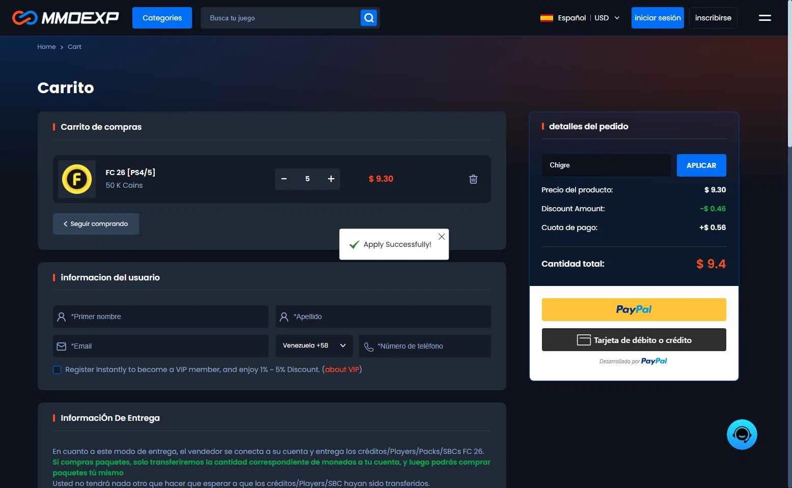 MMOExp checkout page showing MMOExp coupon code box | Screenshot taken by SimplyCodes community member on Jan 20, 2026