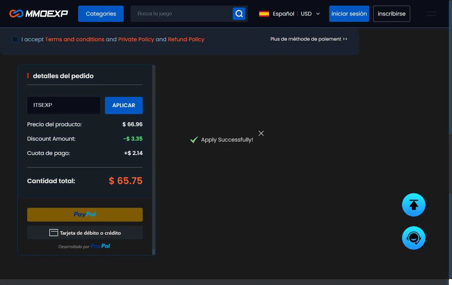 MMOExp checkout page showing MMOExp coupon code box | Screenshot taken by SimplyCodes community member on Feb 9, 2026