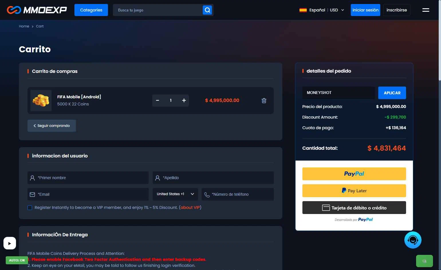 MMOExp checkout page showing MMOExp coupon code box | Screenshot taken by SimplyCodes community member on Feb 3, 2026