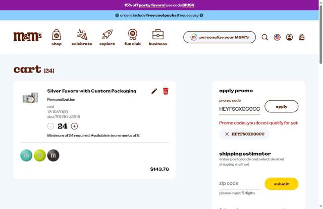 M&M's checkout page showing M&M's promo code box | Screenshot taken by SimplyCodes community member on Sep 19, 2025